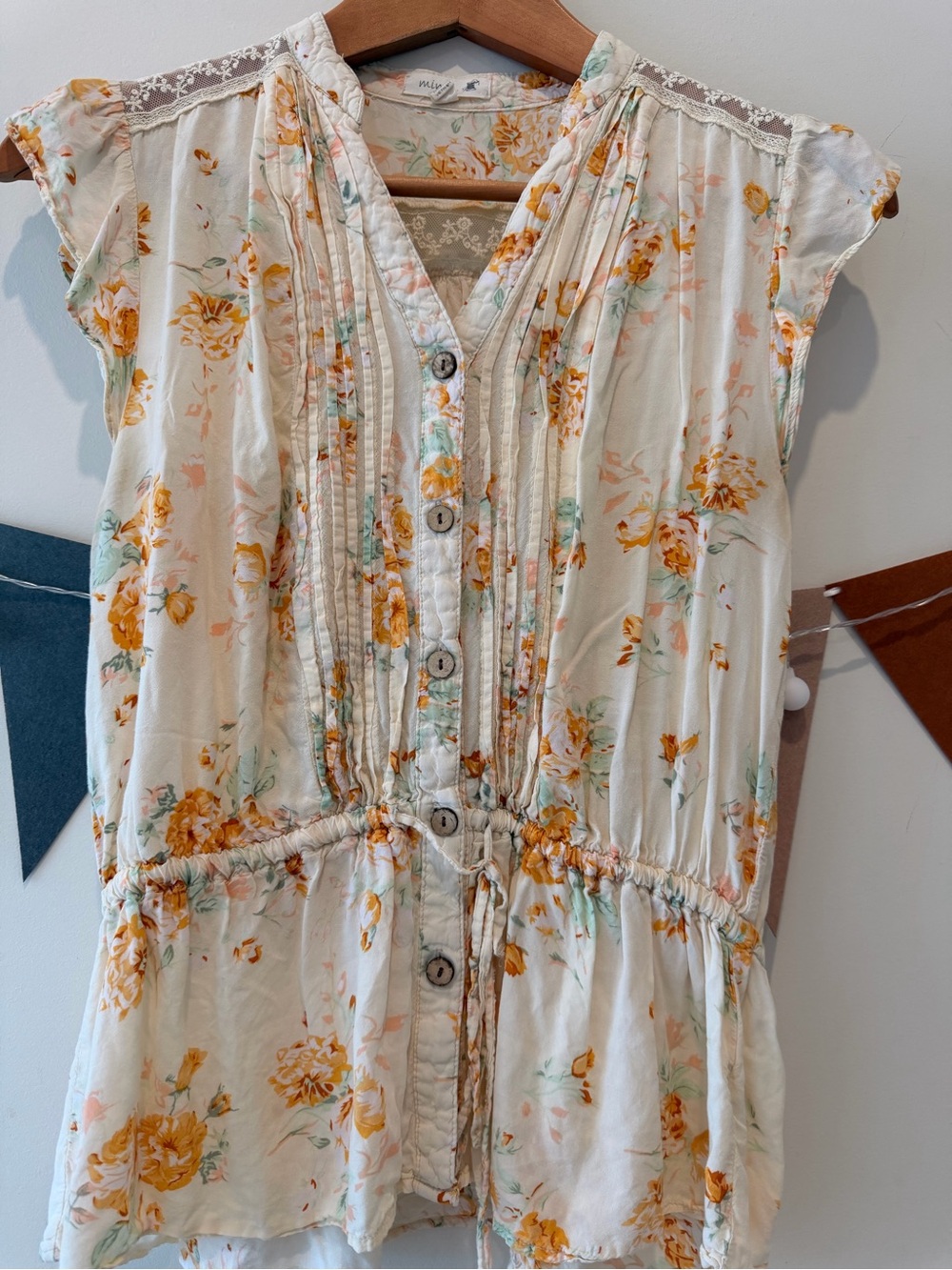 mine Floral Button-Front Peplum Blouse - White, Yellow, Mint